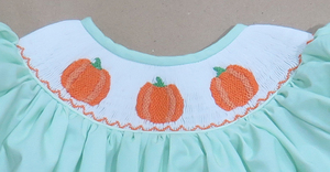 Pumpkin hand Smocked Top & Bloomer Shorts Set, <b>Mint</b> Green Fall 2-Piece Toddler Girl Outfit - Product Image 6