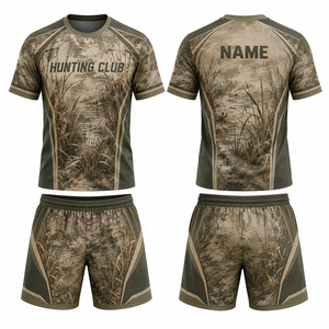 Ensemble chemise à manches courtes et short MEGAMAPLE Hunting Club pour homme, motif floral, respirant, en polyester, pour l'été, vêtements d'extérieur, logo sur le devant - Product Image 1