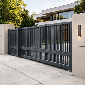 Portail coulissant moderne noir galvanisé à l'acier, design à lattes verticales, automatique, étanche, pour entrée de villa de luxe - Product Image 3