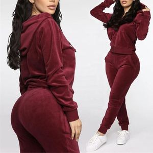 Ensemble de survêtement en velours pour femme, taille adulte, en velours, décontracté, pour sports d'hiver, personnalisé, uni, coupe ajustée, en mélange de coton, vente en gros - Product Image 2