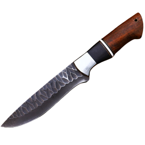 Cuchillo de Caza de Hoja Fija con Patrón Negro y Mango de Madera Marrón, Empuñadura de Metal Plateado, Cuchillo Utilitario para Supervivencia y Camping al Aire Libre - Product Image 1