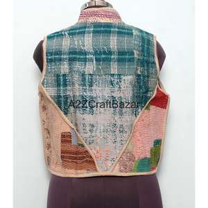 Chaleco Kantha Hecho a Mano 100% Algodón Puro para Mujer, Estampado Floral, Sin Tejido, para Primavera/Otoño, con Mangas Cortas - Product Image 5