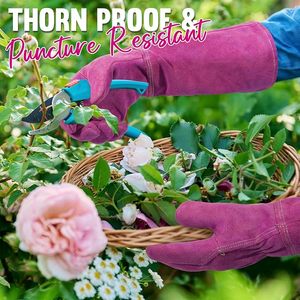 Gants de jardinage anti-épines pour hommes et femmes, en cuir croûte rose vif - Product Image 6