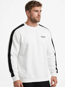 ONETEN APPAREL เสื้อสเวตเชิ้ตคอกลมสีขาวสำหรับผู้ชาย ลายแถบสีดำ สปอร์ต พูลโอเวอร์ - Product Image 5