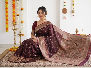 AARA Fashion Saree traditionnel en soie pour femme, broderie or bordeaux, longueur ras du sol, tenue de mariage, style Inde Pakistan, protection solaire - Product Image 3