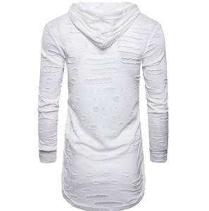 Plain Blank White Color Pullover Distress Hoodie Slim Fit Elongated Tall Knitted French Terry Rip Distressed Hoodie Breathable - Product Image 4