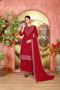 Salwar Kameez brodé bordeaux pour femme avec dupatta, tenue traditionnelle indienne et pakistanaise, coupe ample, longueur cheville, en coton, décontractée - Product Image 4