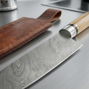 Couteau de chef artisanal forgé en acier Damas moderne, design ambidextre, lame de 8 pouces, épaisseur de 3,0 mm, manche en bois - Product Image 3