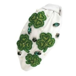 Durable Lightweight and Suitable White Beaded Clover <b>Headband</b> with Gold Chain <b>Floral</b> Embroidery St Patrick Day Festive <b>Headbands</b> - Product Image 3