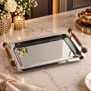<b>Mirror</b> Finish Stainless Steel Serving Tray with <b>Wooden</b> Grip Handles | Rectangular Platter for Tea Snacks Desserts Party and Home - Product Image 4