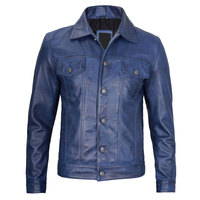 Veste en cuir de vachette bleue pour homme, coupe ajustée, col rabattu, fermeture boutonnée, longueur standard, style motard, veste en cuir bleue