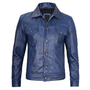 Veste en cuir de vachette bleue pour homme, coupe ajustée, col rabattu, fermeture boutonnée, longueur standard, style motard, veste en cuir bleue - Product Image 1
