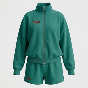 Women's 2-Piece Fleece Shorts <b>Set</b> Stand Collar Zipper Jacket Embroidered Logo Casual Loose Fit All Seasons Sportswear - Product Image 4