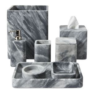 Pink White Resin Faux Marble Bathroom Accessory Set 4 Piece Soap Dispenser Tumbler Soap Dish Round Tray For Hotel Home <b>Vanity</b> - Product Image 6