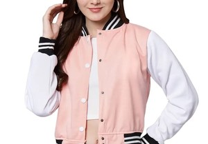 <b>Women</b> Denim Varsity <b>Jacket</b> Short Baseball <b>Bomber</b> With Patchwork Sleeves Snap Buttons Ribbed Collar Casual Street Style - Product Image 5