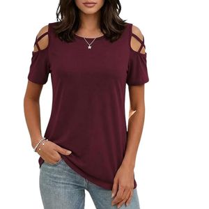 Women's Cold Shoulder T Shirt Short Sleeve Scoop Neck Solid Woven <b>Top</b> Loose Fit Summer Tee - Product Image 2