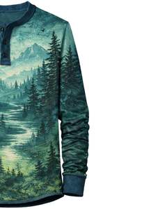 Camisa Henley para Hombre con Estampado de Montaña y Bosque, Color Verde Azulado, Manga Larga, Cierre de Botones, Estilo Casual para Exteriores, Ligera y Moderna - Product Image 4