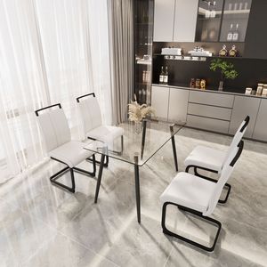 Tavolo da pranzo in vetro temperato rettangolare moderno da 51 pollici con gambe in metallo nero con sedia senza braccioli in PU per cucina 4 posti - Product Image 3