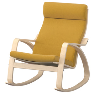 Fauteuil à bascule élégant en bois clair avec structure en bois courbé et revêtement en tissu jaune moutarde vif, à prix de gros. - Product Image 1