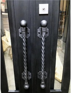 A rust-resistant, manually operated traditional wrought-iron double door set, featuring an arched design and intricate patterns. - Product Image 5