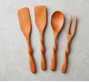 Ensemble de couverts en bois poli à la main avec poignées torsadées, design minimaliste, pour la cuisine, la table et l'hôtellerie - Product Image 1