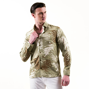 Chemise habillée pour homme à manches longues en coton et lin imprimé hawaïen beige kaki pour les vacances d'été - Product Image 3