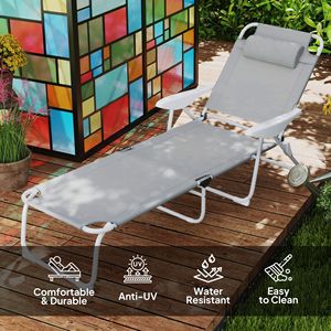 Sdraio Pieghevole Grigio Chiaro per Esterni, Sedia Prendisole con 4 Posizioni Reclinabili, Braccioli in Ferro, Materiale Rimovibile in Olefin - Product Image 4