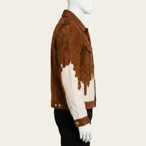 Veste en cuir véritable pour homme, motif vachette, col rabattu, fermeture boutonnée, coupe classique, automne, décontractée - Product Image 3