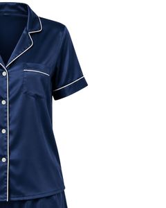 Conjunto de pijama de satén azul marino personalizado para mujer, ropa de dormir de seda de lujo, traje de noche con botones, conjunto de loungewear suave de manga corta. - Product Image 4