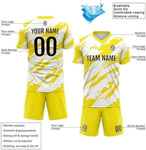 เสื้อฟุตบอลแบบกำหนดเองสำหรับผู้ชาย คอวี แขนสั้น สีขาวเหลือง พิมพ์ลายแบบซับลิเมชั่น ระบายอากาศได้ดี ผลิตจากโพลีเอสเตอร์ ชุดทีมสำหรับผู้ใหญ่ ใช้ได้ทุกฤดูกาล - Product Image 2