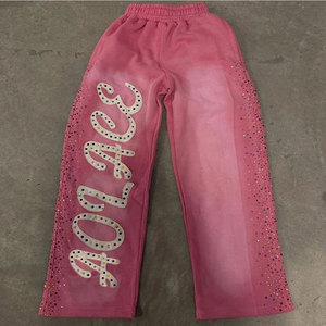 Ensemble de survêtement rose et noir à capuche pour homme, grande taille, 100 % coton, avec lettrage en strass, sweat-shirt à fermeture éclair intégrale et pantalon, style décontracté printemps - Product Image 3