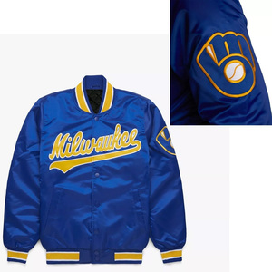 Chaqueta Universitaria Personalizada Azul Rey de Satén para Hombre, Chaqueta Bomber con Logotipo Amarillo, Uniforme de Béisbol Letterman al por Mayor - Product Image 1