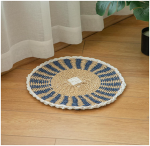 Artex Hai Nam Tapisserie murale ronde en rotin avec motif géométrique bleu, décoration bohème pour salon, tapisserie circulaire - Product Image 3