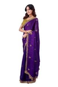 <b>Purple</b> Chiffon <b>Saree</b> with Gold Embroidery Traditional Indian Wedding Wear Women's Floor Length Sari - Product Image 2