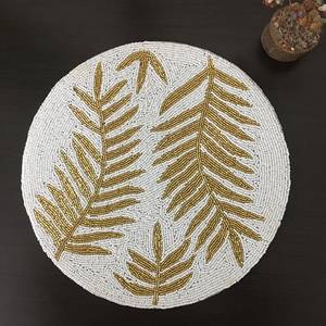 Eco-Friendly Handmade <b>Round</b> Embroidered Place Mat with Gold Fern Pattern Bohemian Style <b>Cloth</b> <b>Table</b> Mat for Home Decor - Product Image 3