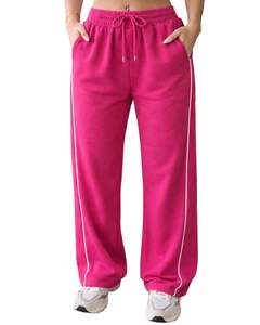 กางเกงวอร์มขายาวสีชมพูสดสำหรับผู้หญิง ขอบเอวยางยืด มีเชือกผูกเอว ทรงหลวม สวมใส่สบาย เหมาะสำหรับพักผ่อน - Product Image 1