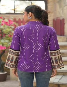 Blusa Morada Ecológica de Rayón Holgada Tallas Grandes Manga Larga con Botones Bordada con Aberturas Cuello en V Casual de Verano - Product Image 3