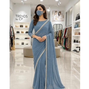 TRENDSbyCP Elegant Grey Silk Saree Pearl Embroidery Gold Border <b>Wedding</b> Party Womens Regular Fit Floor-Length Wrinkle-Free - Product Image 2