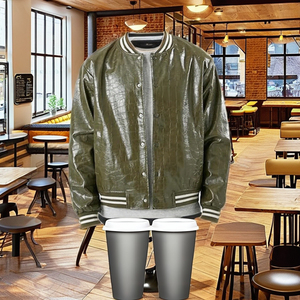 Men Genuine Sheep Skin Winter Varsity <b>Jacket</b> High Street Style Plain Dyed Letter Pattern Stand Collar High Quality - Product Image 3