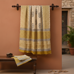 Conjunto de Pijama Kurti Sarong de Algodón Floral Amarillo Beige |   Ropa de Playa para Mujer de Alta Calidad con Estampado Artesanal |   Traje Étnico Hecho a Mano - Product Image 1