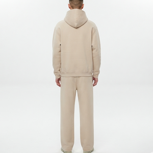Ensemble de survêtement OEM personnalisé beige, comprenant un sweat à capuche oversize sans cordon et un pantalon de jogging ample de haute qualité pour hommes - Product Image 6