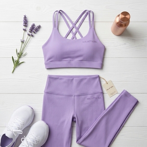 Conjunto de yoga acanalado sólido para mujer: Sujetador deportivo de doble tirante y leggings de cintura media para gimnasio, fitness y entrenamiento. Conjunto de dos piezas. - Product Image 5