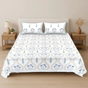Parure de lit populaire en coton imprimé à la main, motif floral Jaipur, style bohème indien, avec taies d'oreiller assorties - Product Image 3