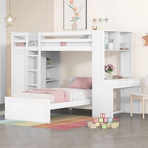 Letto a soppalco bianco singolo con librerie indipendenti e scrivania, armadio per bambini incluso - Product Image 1