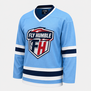 Camiseta de Hockey sobre Hielo Fly Humble para Hombre, Azul Claro, Cuello en V, Manga Larga, Logotipo Bordado, Transpirable, Poliéster, Nombre del Equipo Personalizado - Product Image 1