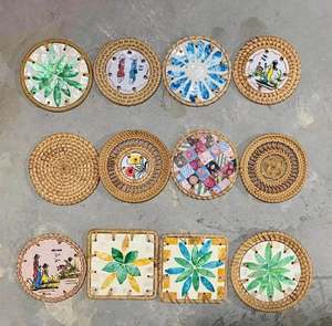 Vietnam Vintage Rattan Drink <b>Coaster</b> with Mother of Pearl Shell for Beverage Service Table Styling Home Decor and Gifts - Product Image 1