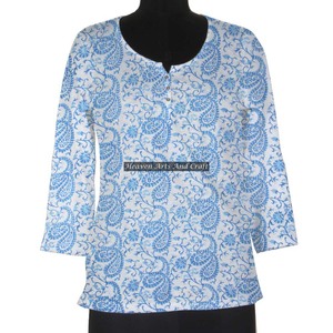 Hermoso vestido Kurti de algodón con estampado de bloque de mano, ropa informal étnica india exclusiva, de longitud corta Top/cintura corta del imperio Kurti - Product Image 1