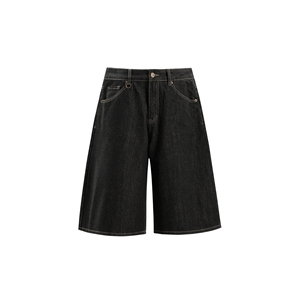 Jorts pour hommes en denim noir brut, coupe ample et large, style streetwear, avec surpiqûres contrastées, détails utilitaires, longueur genou, pantalon décontracté - Product Image 5