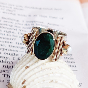 Bague en argent sterling 925 avec émeraude verte, faite à la main, ovale, bicolore, unisexe, style signet, bijou de fête, vente en gros - Product Image 1