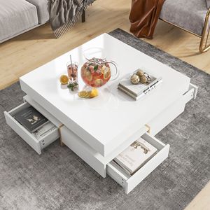 On TREND Modern High Gloss 4-Drawer <b>Coffee</b> <b>Table</b> Square Cocktail Tea Wood Grain <b>Legs</b> Center <b>Table</b> with Multi-Storage - Product Image 1